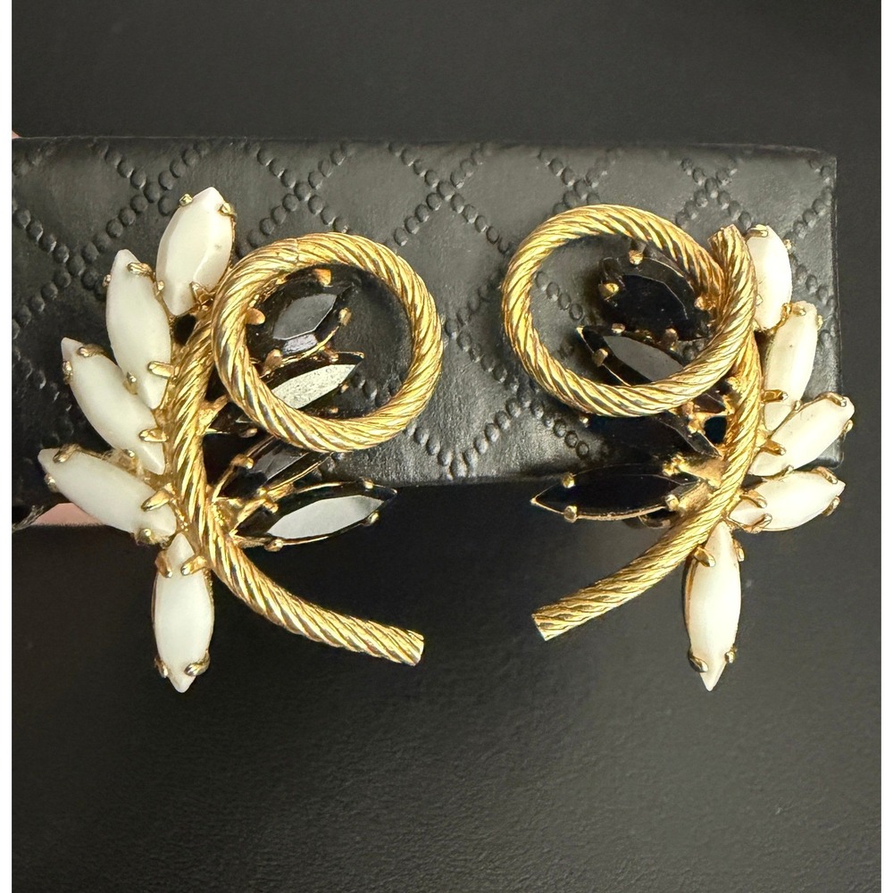 Vintage Napier Rhinestone Earrings Clip Ons Gold Tone White Black